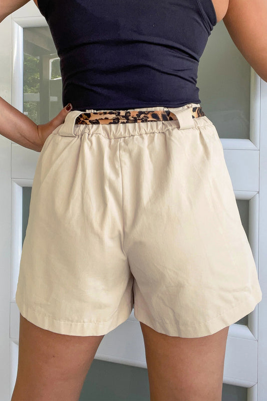 Oatmeal Leopard Contrast Sash Belt Pleated Wide Leg Shorts - Oatmeal - 2