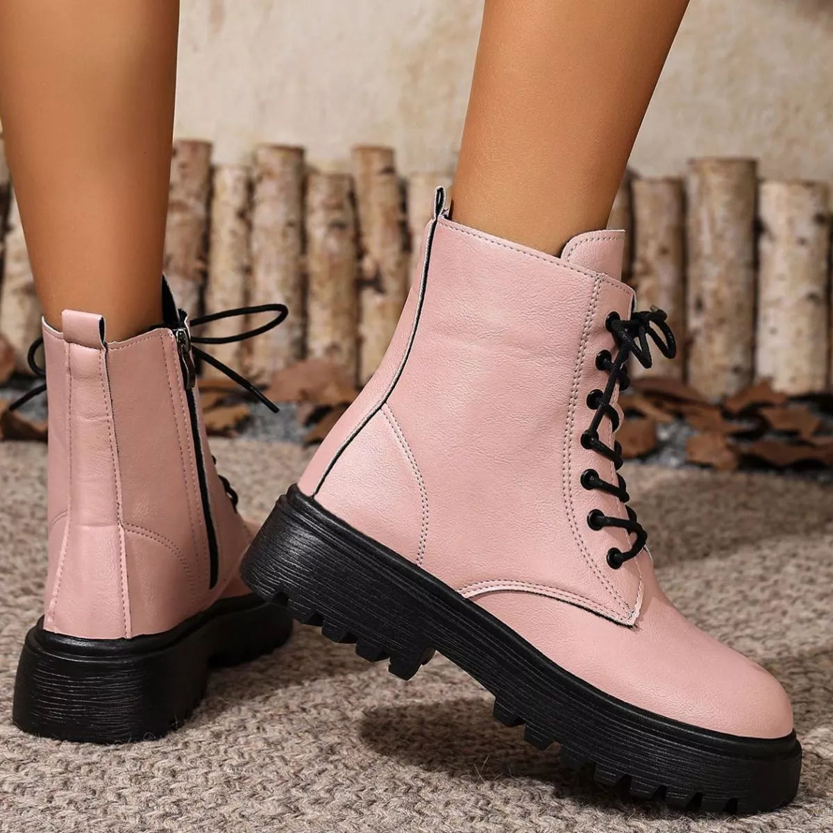 Round Toe Block Heels Boots - Pink - View 12