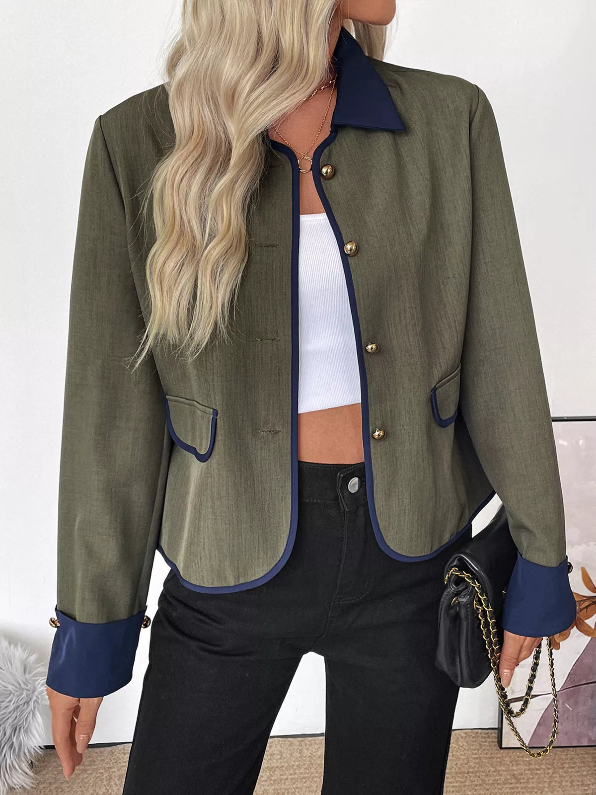 Contrast Trim Button-Up Jacket - Green - View 2