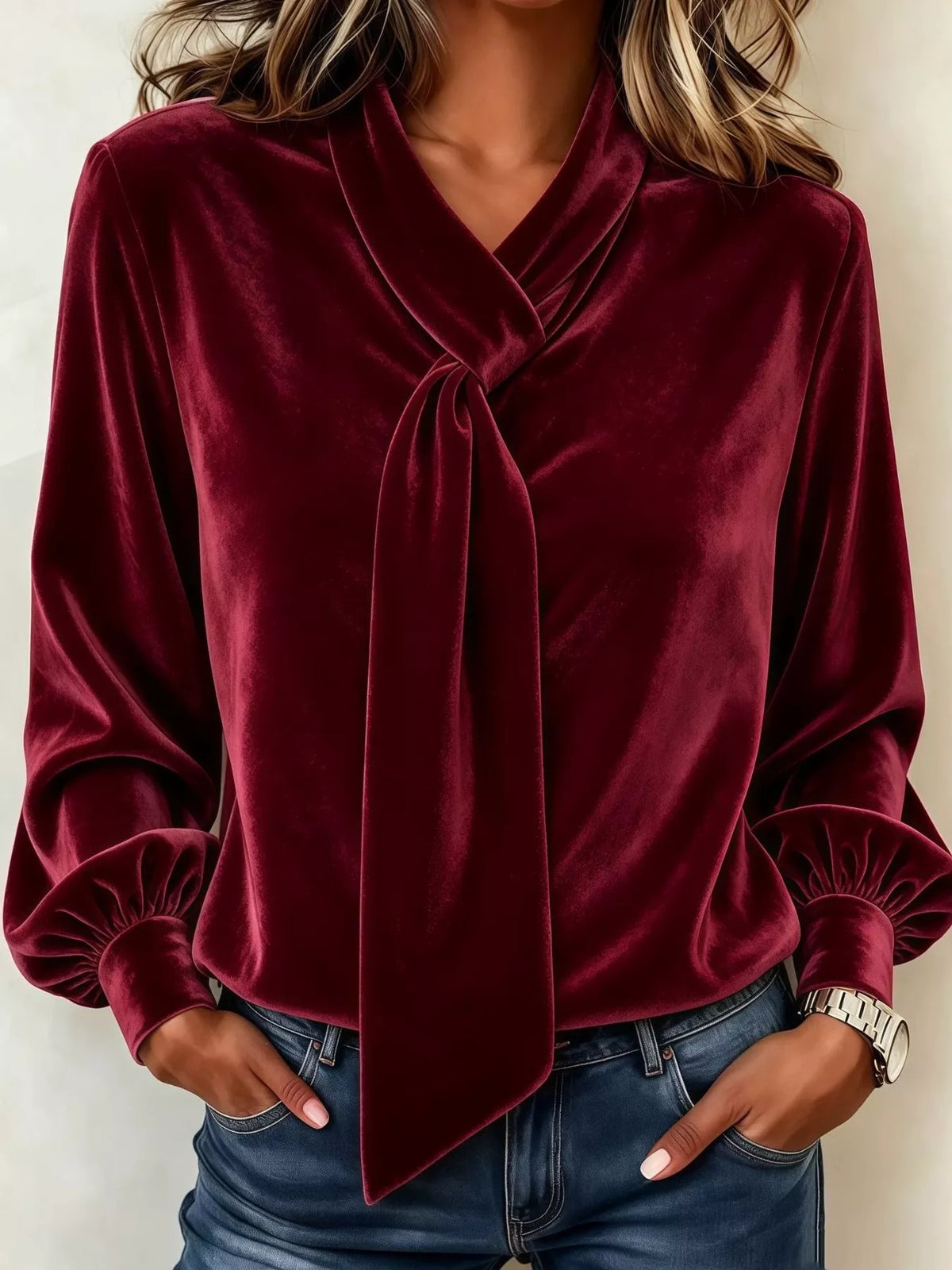 Full Size Velvet Tie-Neck Long Sleeve Blouse Plus Size - Burgundy - View 5