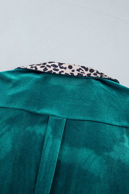 Velvet Contrast Leopard Print Lapel Collar Open Front Cardigan - Deep Teal - View 8