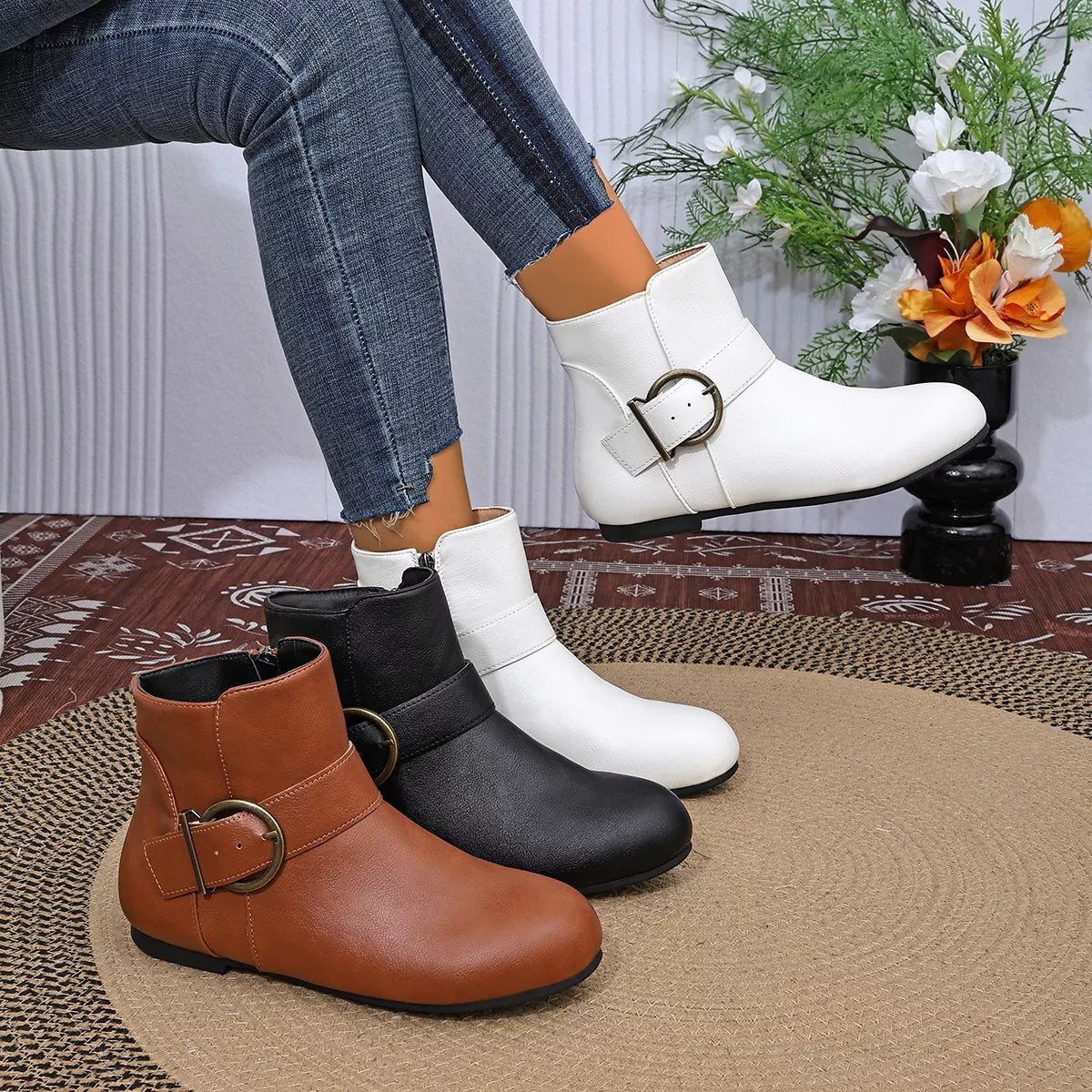 Round Toe Ankle Boots - Black / White / Brown - View 1