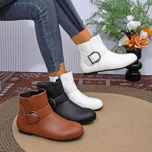 Round Toe Ankle Boots - Black / White / Brown - View 1