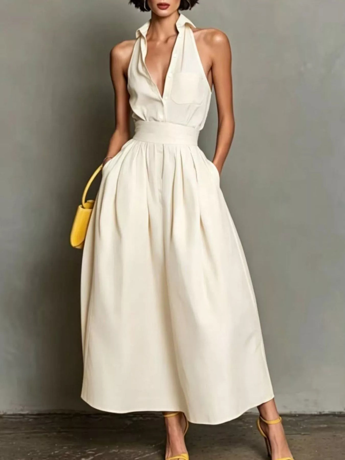 Sleeveless Collared A-Line Midi Dress - White - View 1