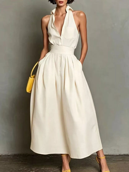 Sleeveless Collared A-Line Midi Dress - White - View 1