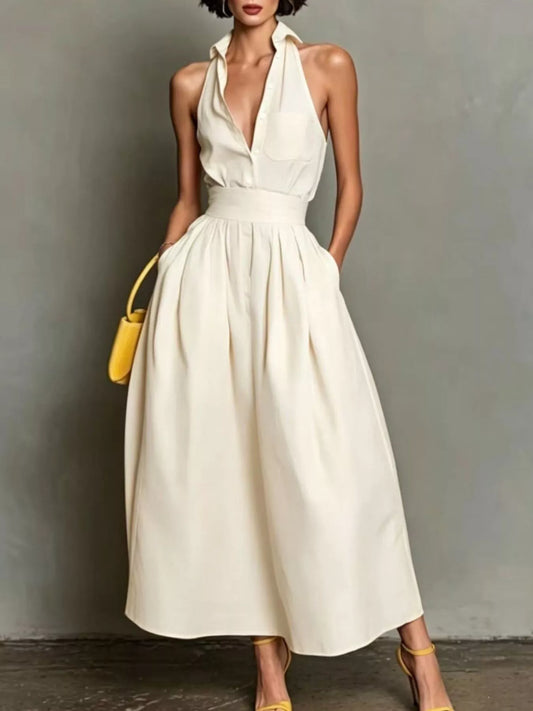 Sleeveless Collared A-Line Midi Dress - White - View 1