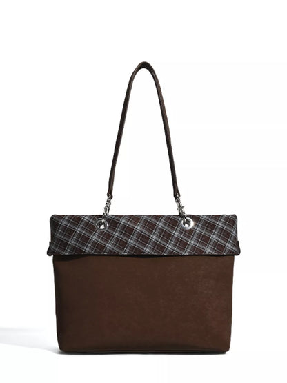 Plaid Trim Shoulder Bag - Coffee - View 4
