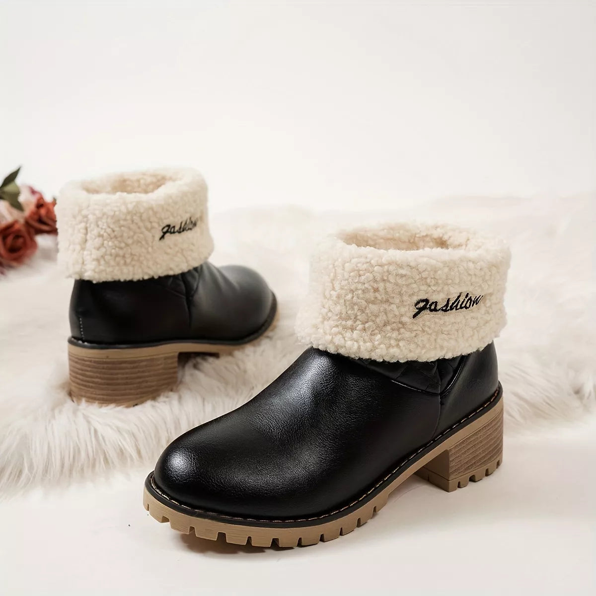 Round Toe Block Heels Boots - Black - View 2