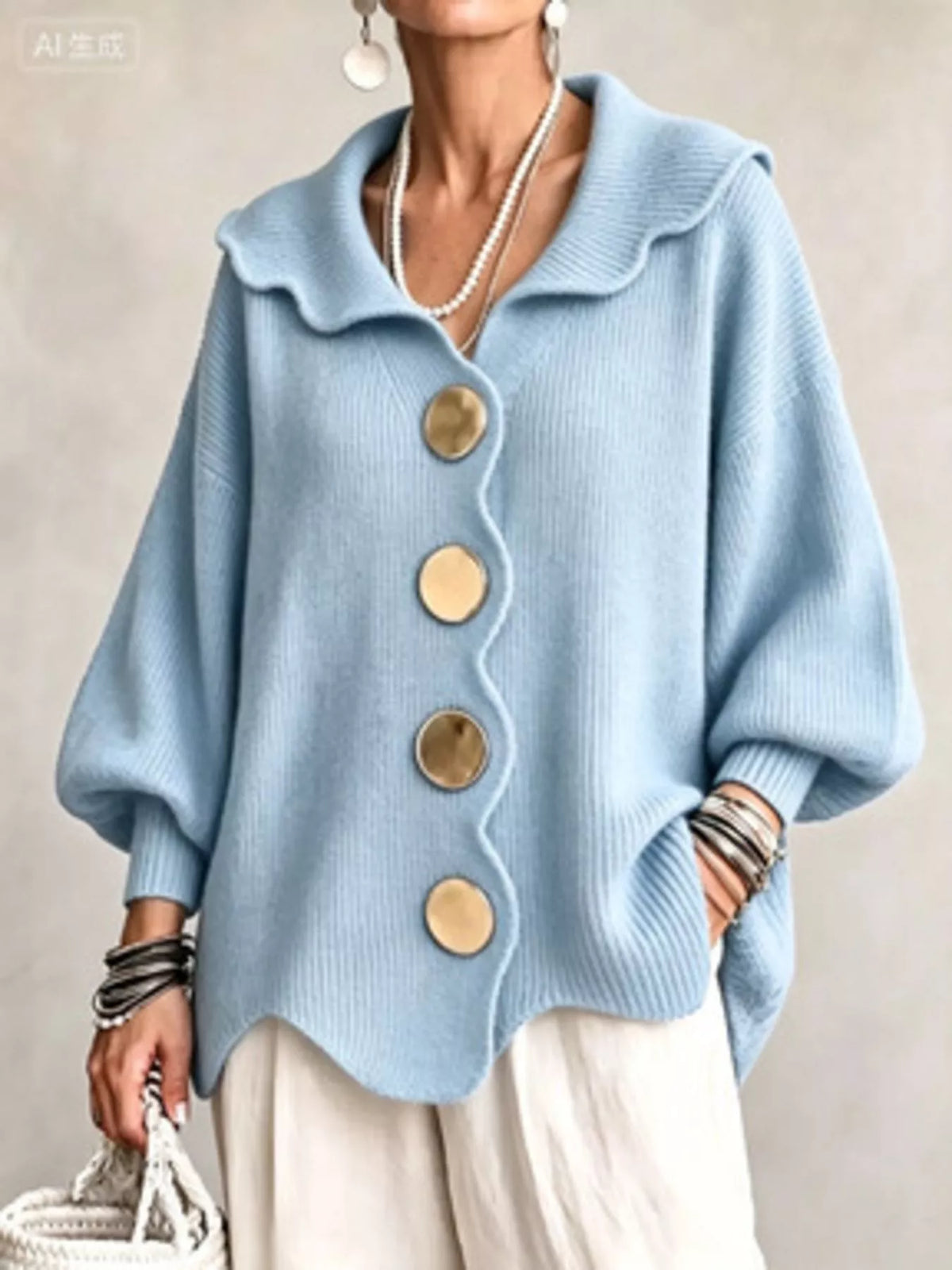 Full Size Scalloped-Edge Button-Down Cardigan Plus Size - Light Blue - View 1