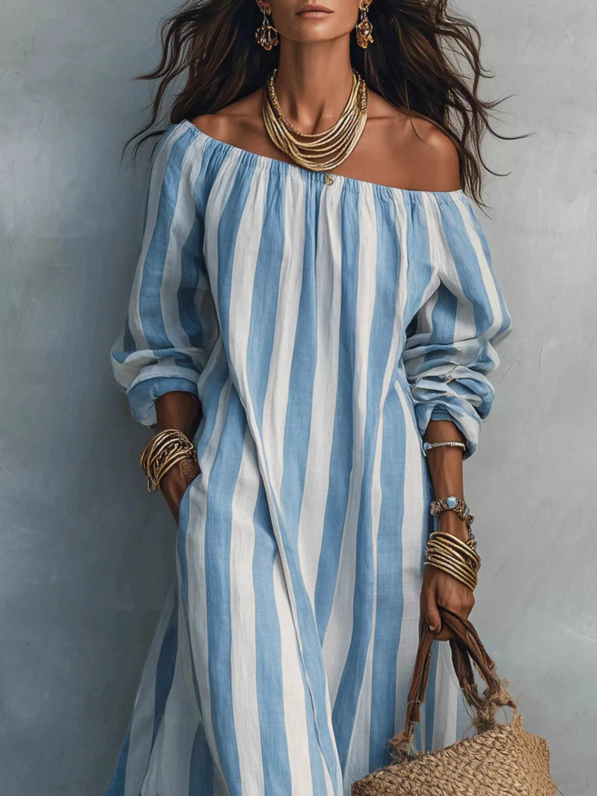Off-Shoulder Striped Maxi Dress - Light Blue - View 2