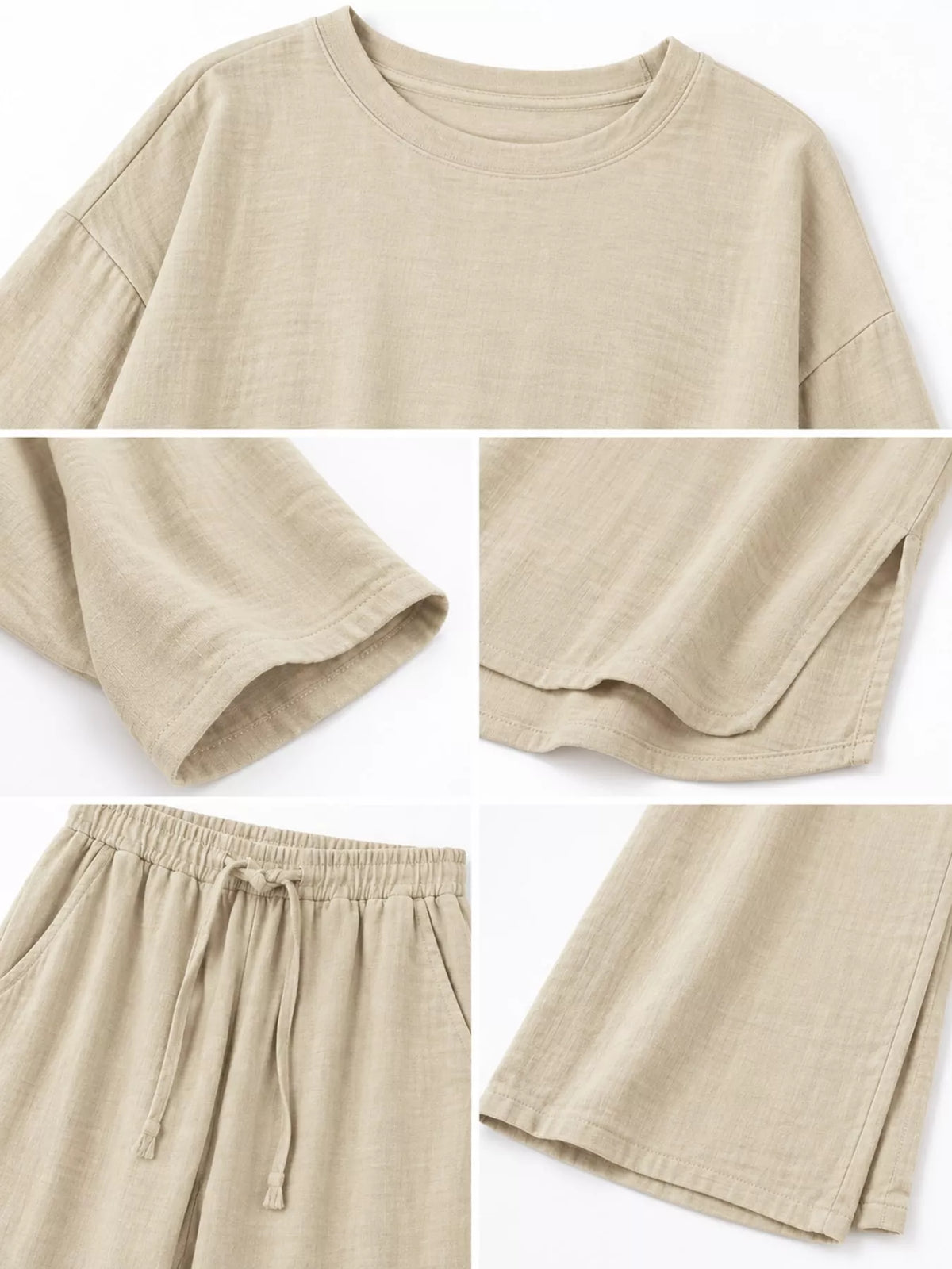 Full Size Round Neck Top and Drawstring Wide-Leg Pants Set Plus Size - Light Brown - View 12