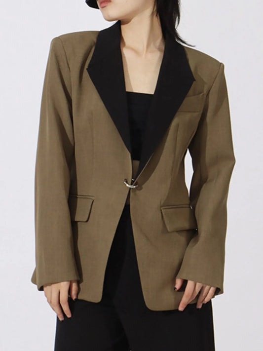 Contrast Lapel Collar Long Sleeve Blazer - Khaki Green - View 2