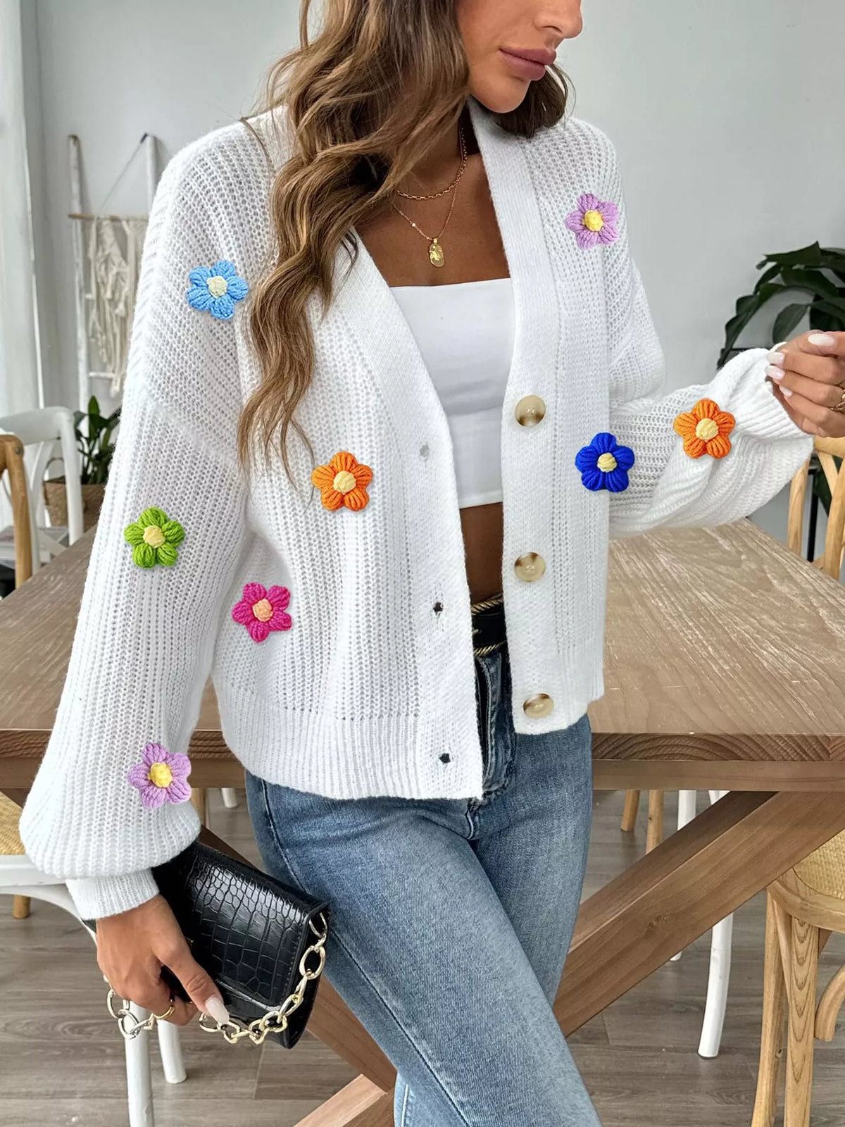 3D Floral Appliques Button Up Cardigan - White - View 5