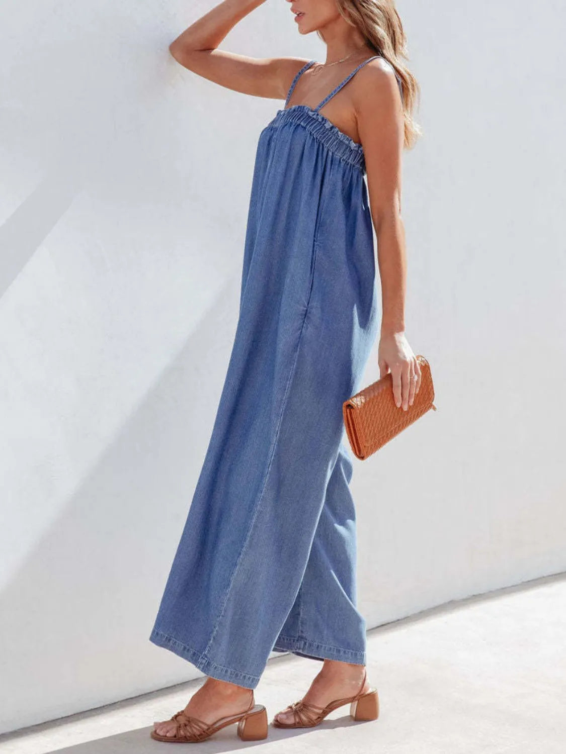 Spaghetti Strap Wide Leg Denim Jumpsuit - Medium - View 5