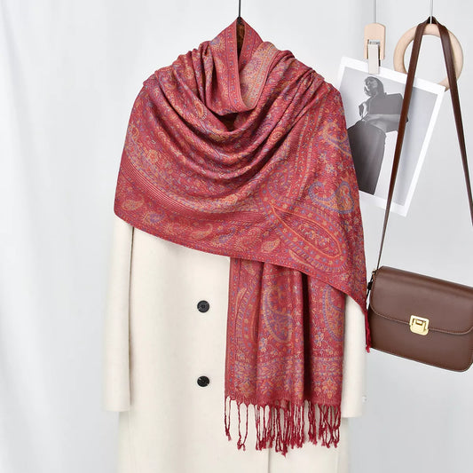 Paisley Patterned Raw Hem Scarf - Red - View 1