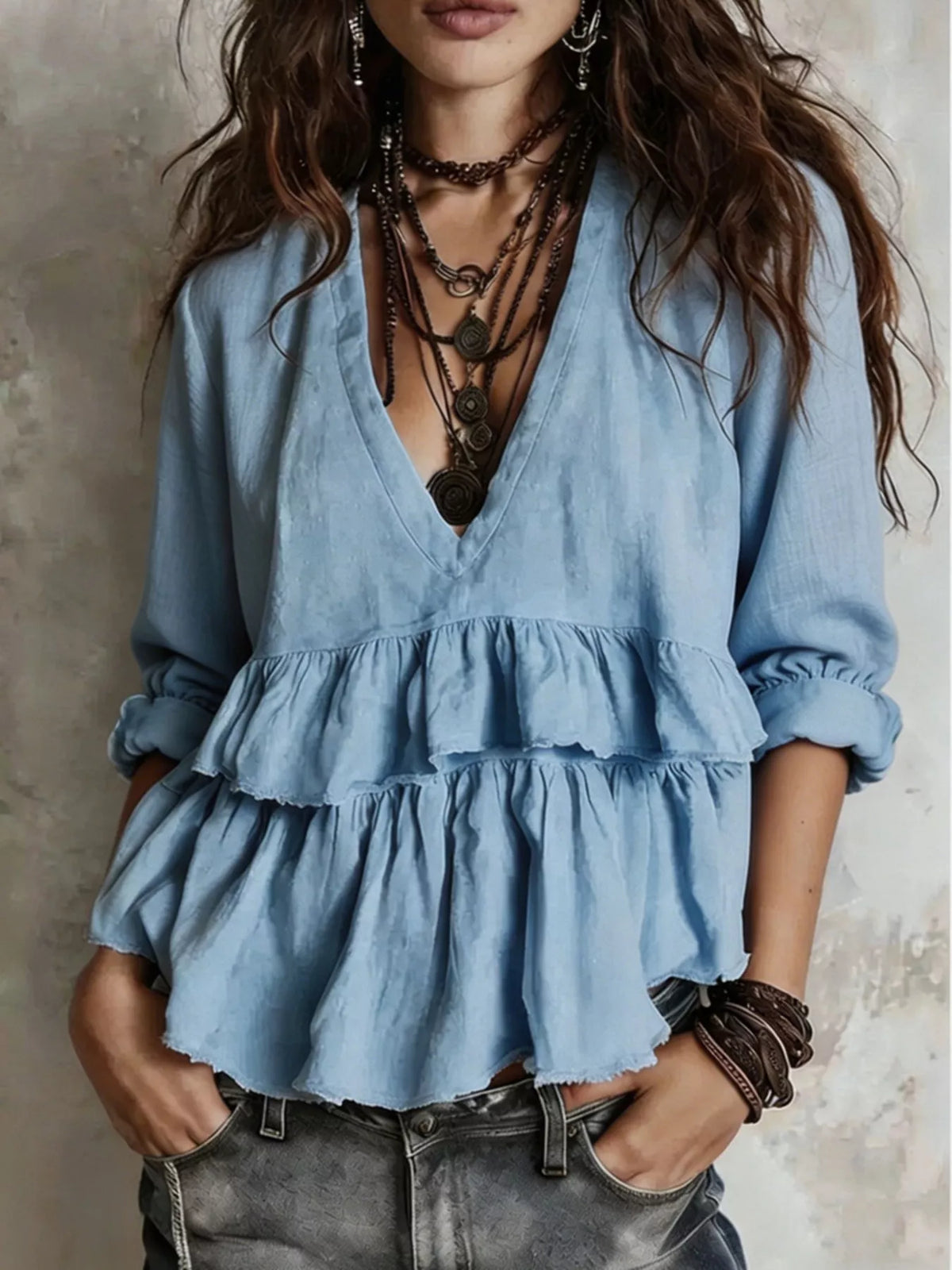 Full Size Ruffled Hem V-Neck Blouse Plus Size - Sky Blue - View 1