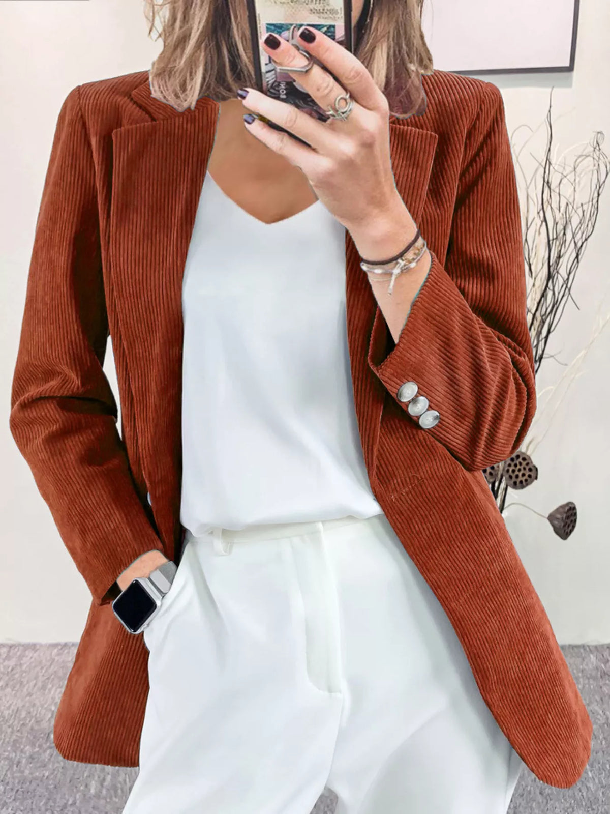 Corduroy Lapel Collar Casual Blazer - Caramel - View 7