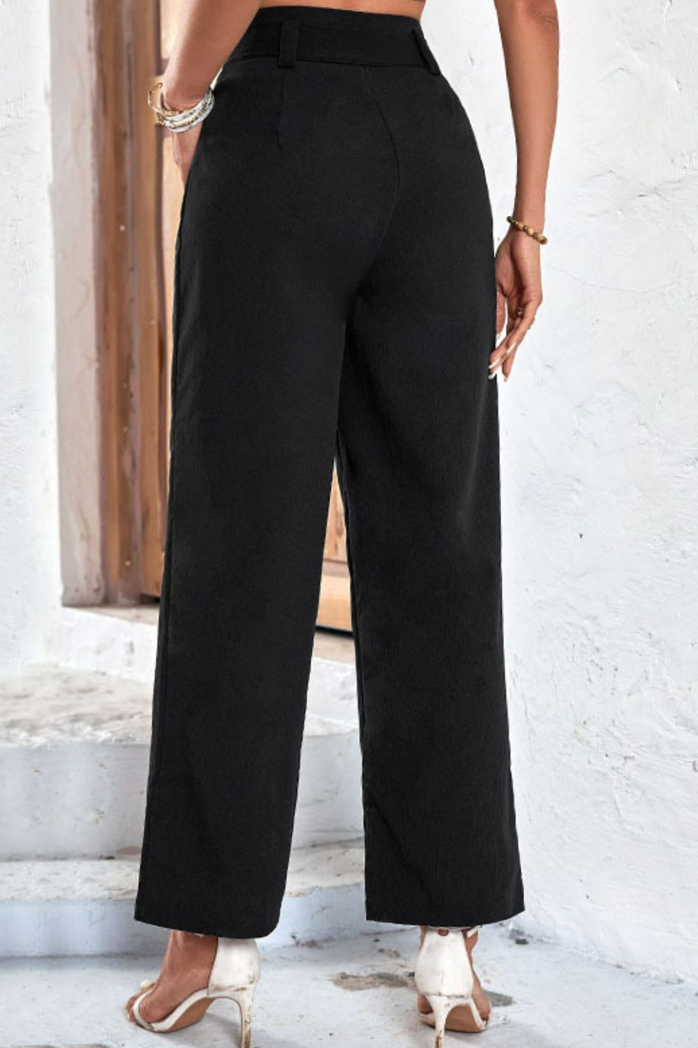 Perfee Belted High-Rise Wide Leg Pants - Black - View 2