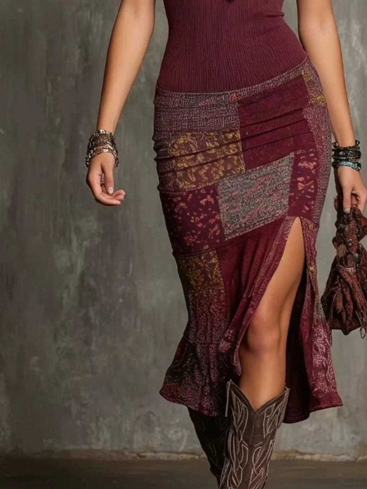 Slit Printed Sleeveless Midi Dress - Burgundy - View 2