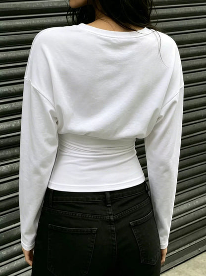 Slim Fit V-Neck Long Sleeve Ruched T-Shirt - White - View 5