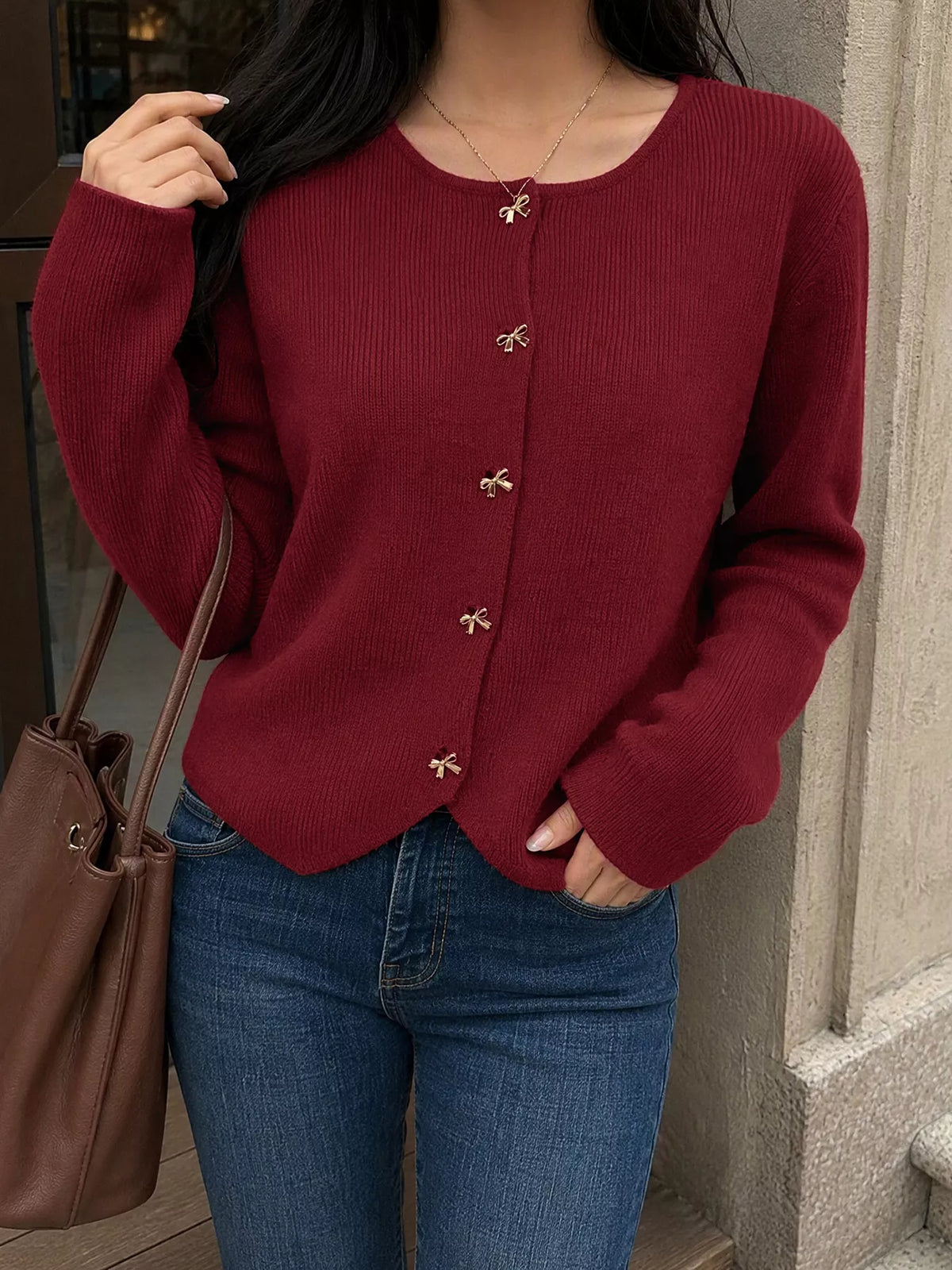 Bow Button Up Knit Cardigan - Burgundy - View 6