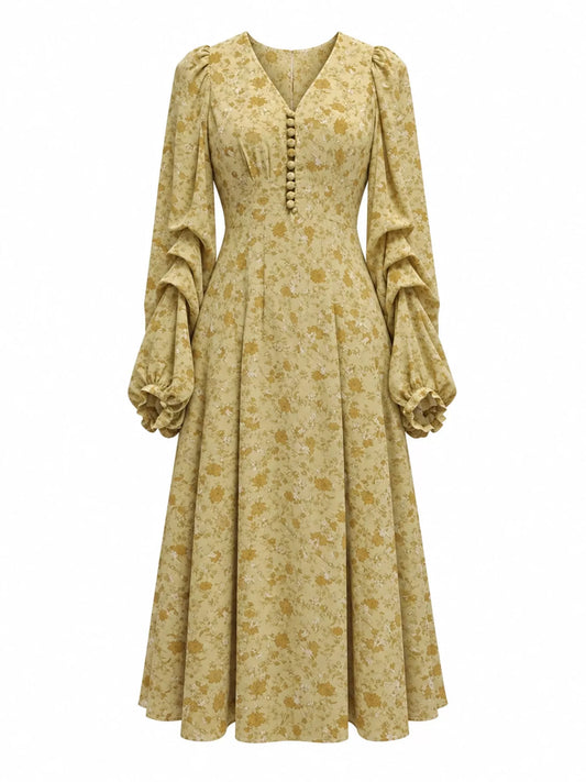 Vintage Floral Print V-Neck Long Sleeve Button-Down Midi Dress - Yellow - Ditsy Floral Dress - View 1