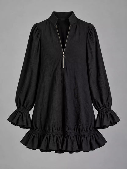 Zipper-Front Ruffle Hem Mini Dress - Black - View 4