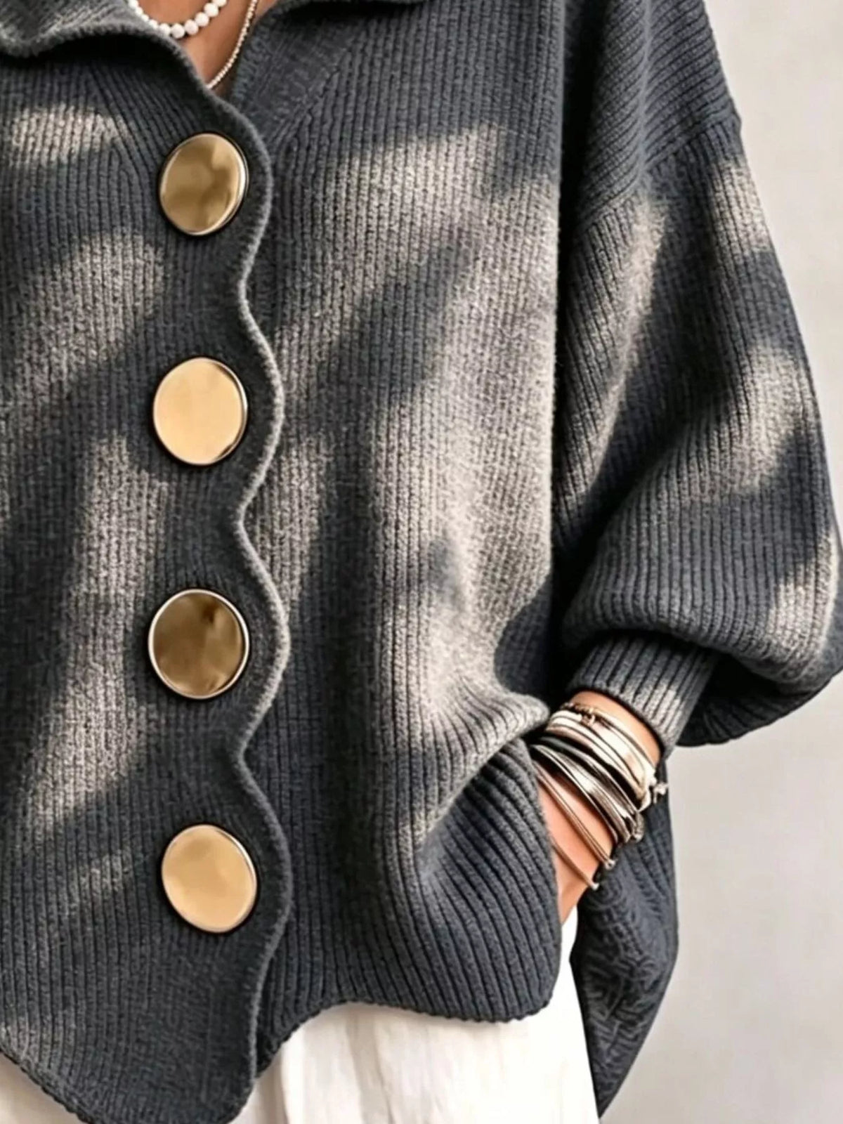 Full Size Scalloped-Edge Button-Down Cardigan Plus Size - Dark Gray - View 3