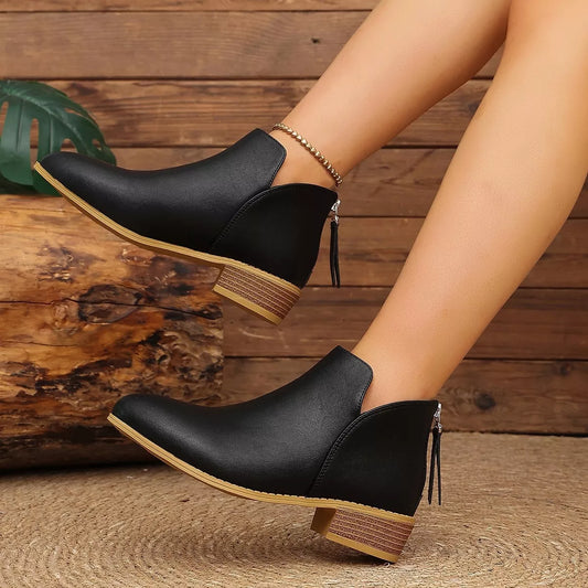 Classic Faux Leather V-Cut Ankle Boots with Block Heel - Black - View 2