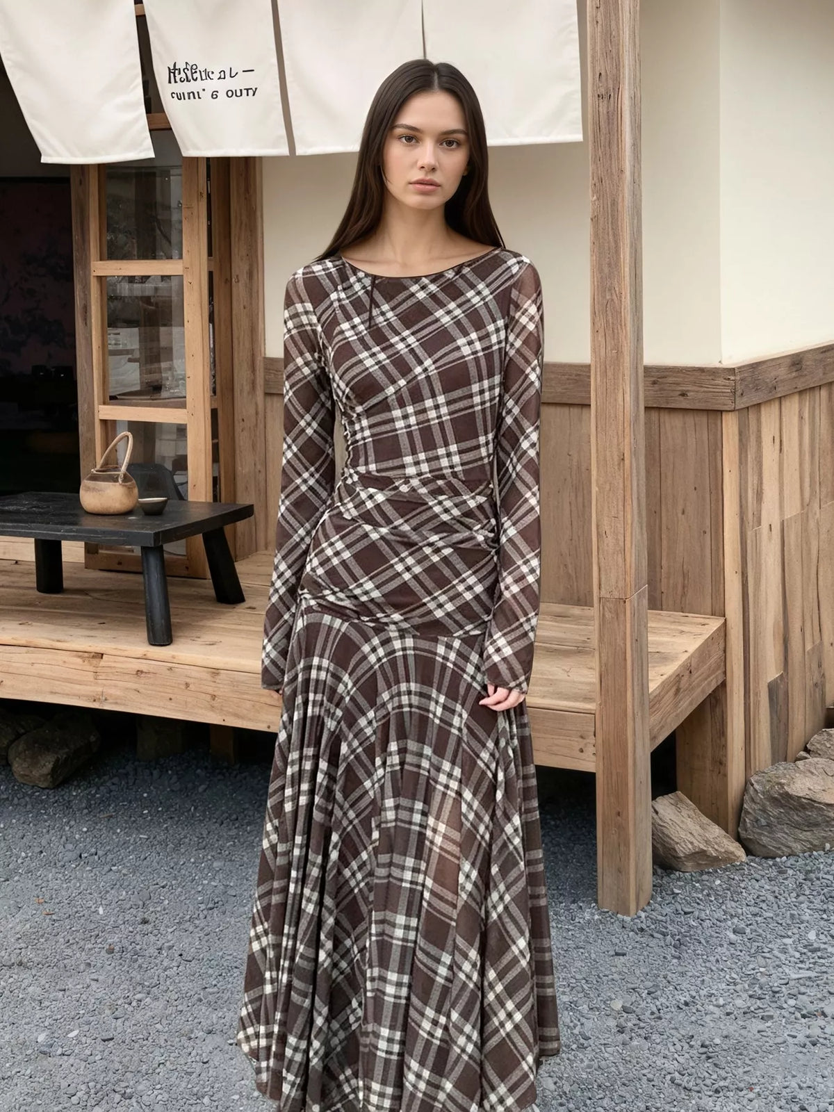 Plaid Long-Sleeve Slim-Fit Maxi Dress - Brown - View 3