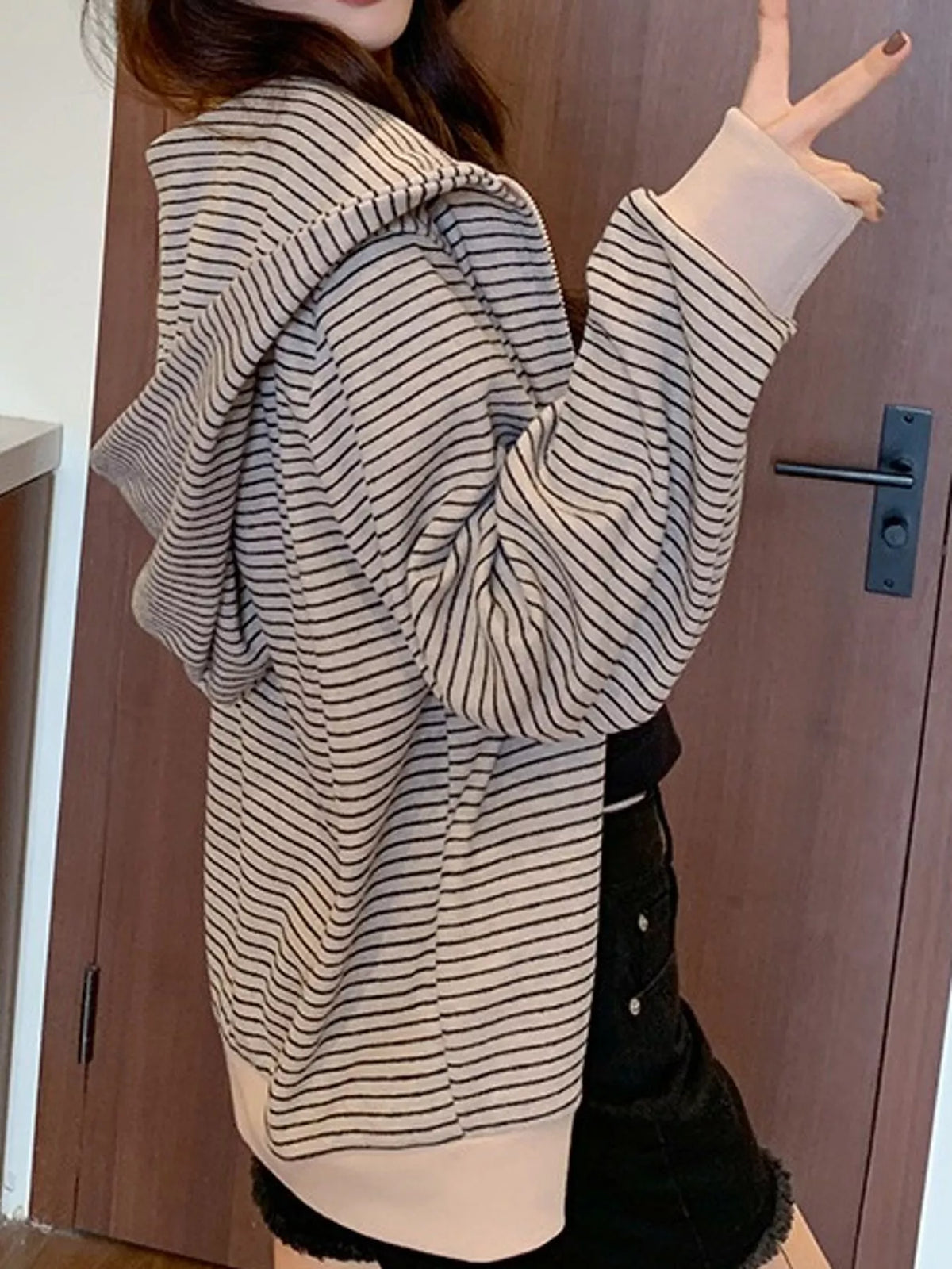 Striped Zip-Up Hoodie - Apricot - View 7