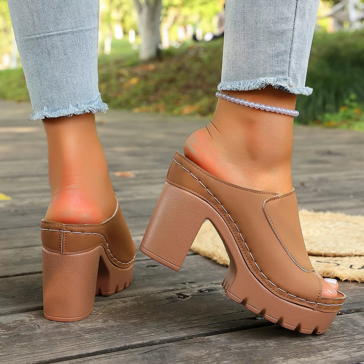 Peep Toe Block Heels Sandals - Brown - View 7