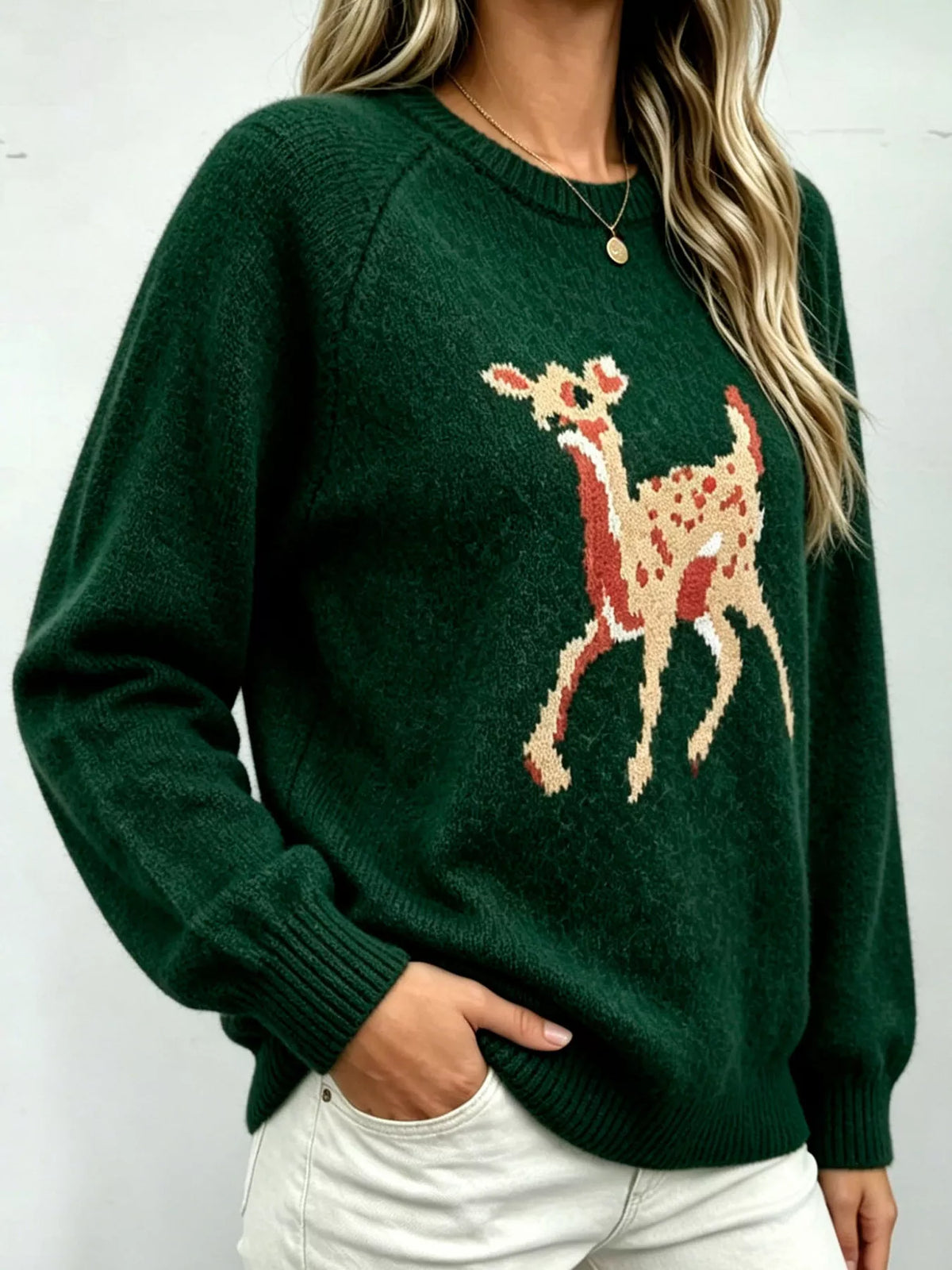 Deer Pattern Raglan Sleeve Sweater - Dark Green - View 3