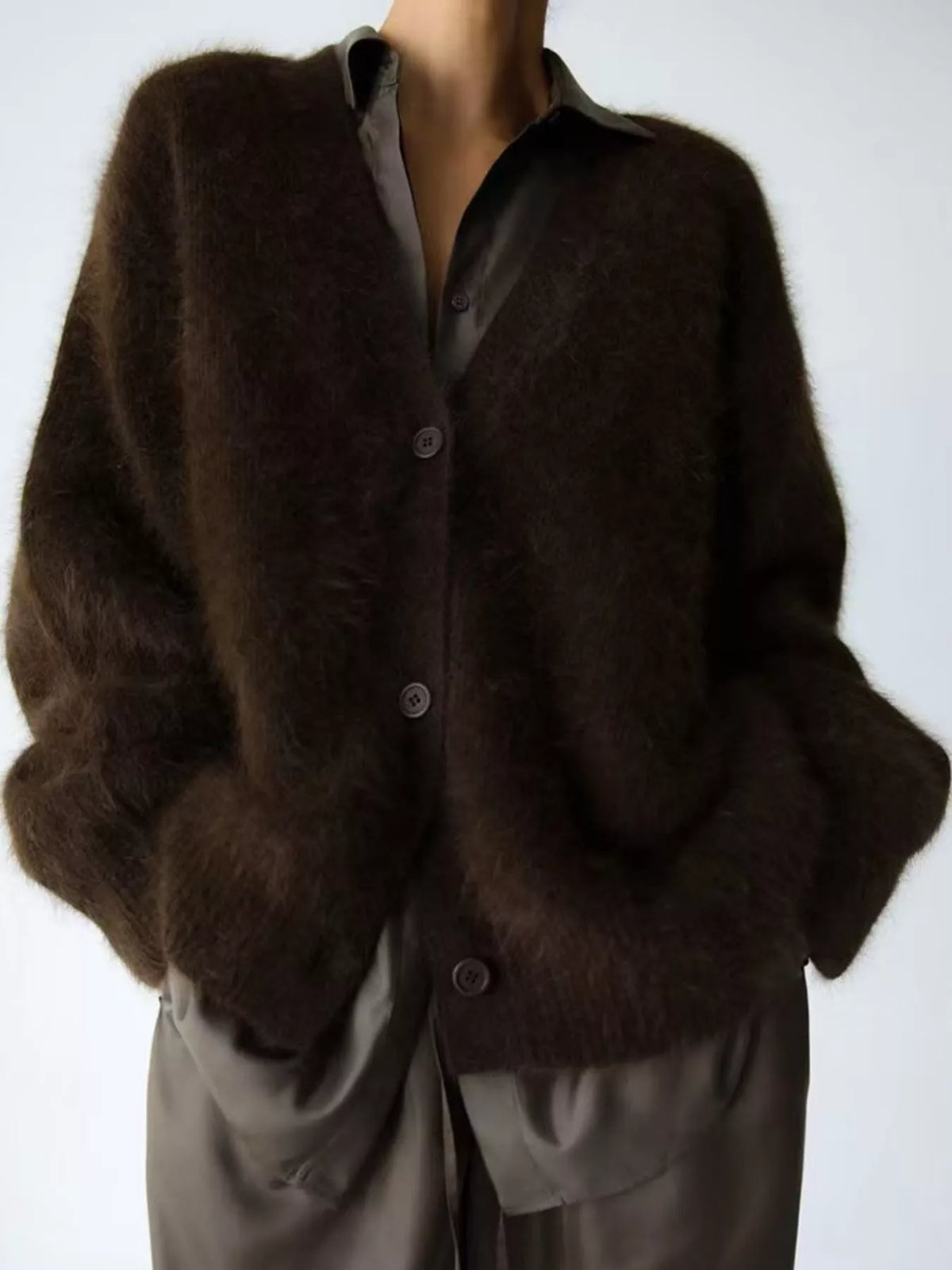 Fuzzy V-Neck Button-Down Cardigan - Coffee - View 19