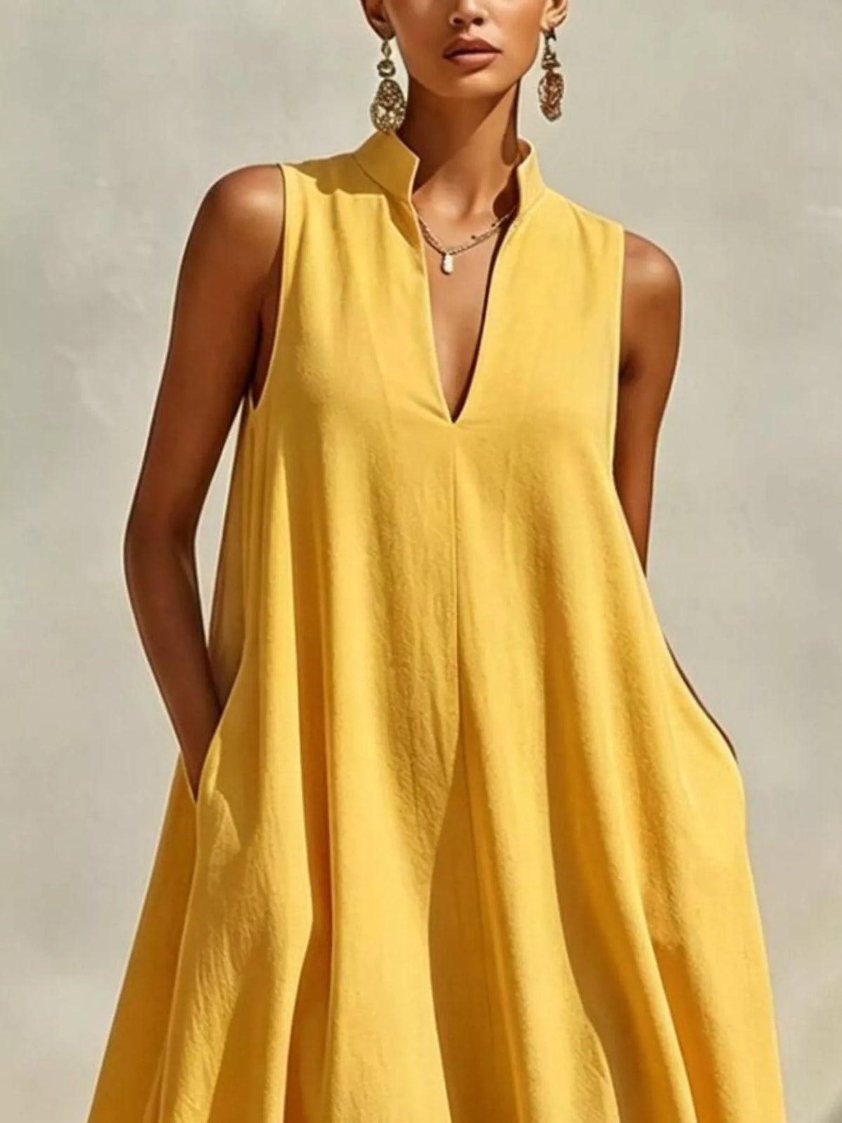 Sleeveless Maxi Dress with Side Pockets - Gold - View 2