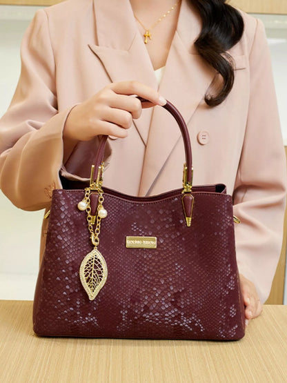 Snakeskin Texture Handbag - Wine Red - View 5