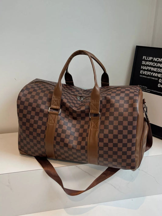 Checkered Pattern Travel Bag - Brown - View 1