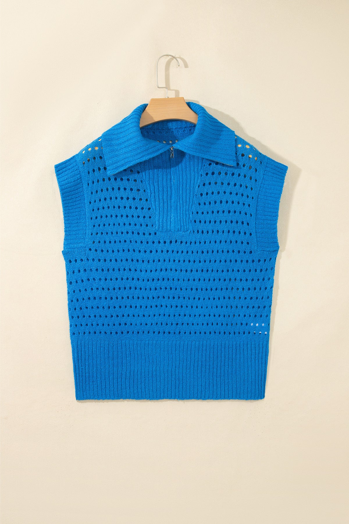 Sky Blue Cutout Knit Zip-Collar Top - Sky Blue - View 7