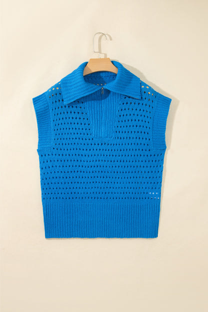 Sky Blue Cutout Knit Zip-Collar Top - Sky Blue - View 7