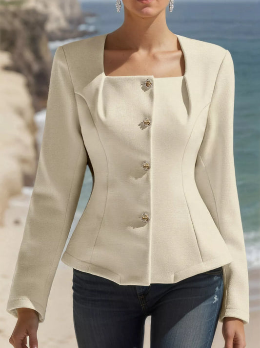 Square Neck Button-Down Fitted Blazer - Cream - View 2
