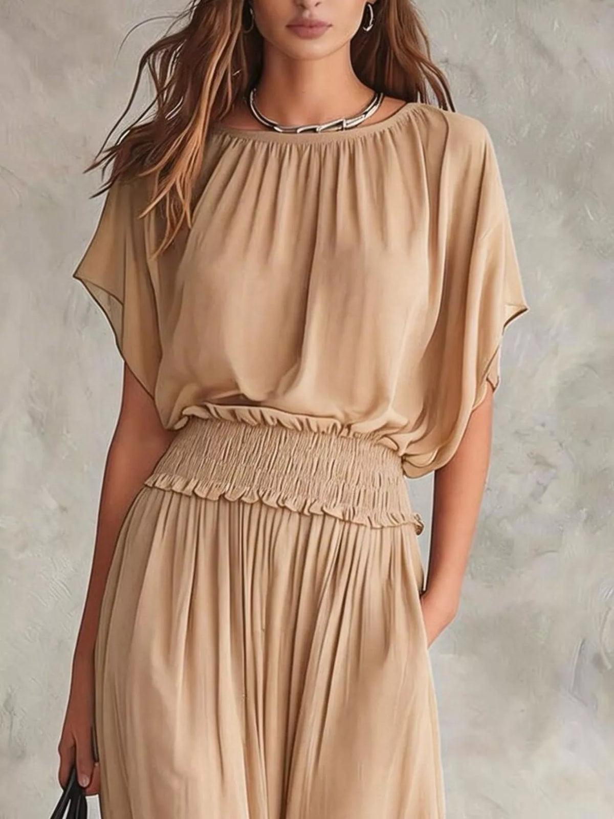 Chiffon Maxi Dress with Smocked Waist - Tan - View 2