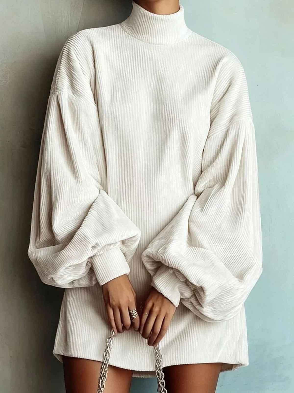 Full Size Ribbed Mock Neck Lantern Sleeve Mini Dress Plus Size - White - View 1