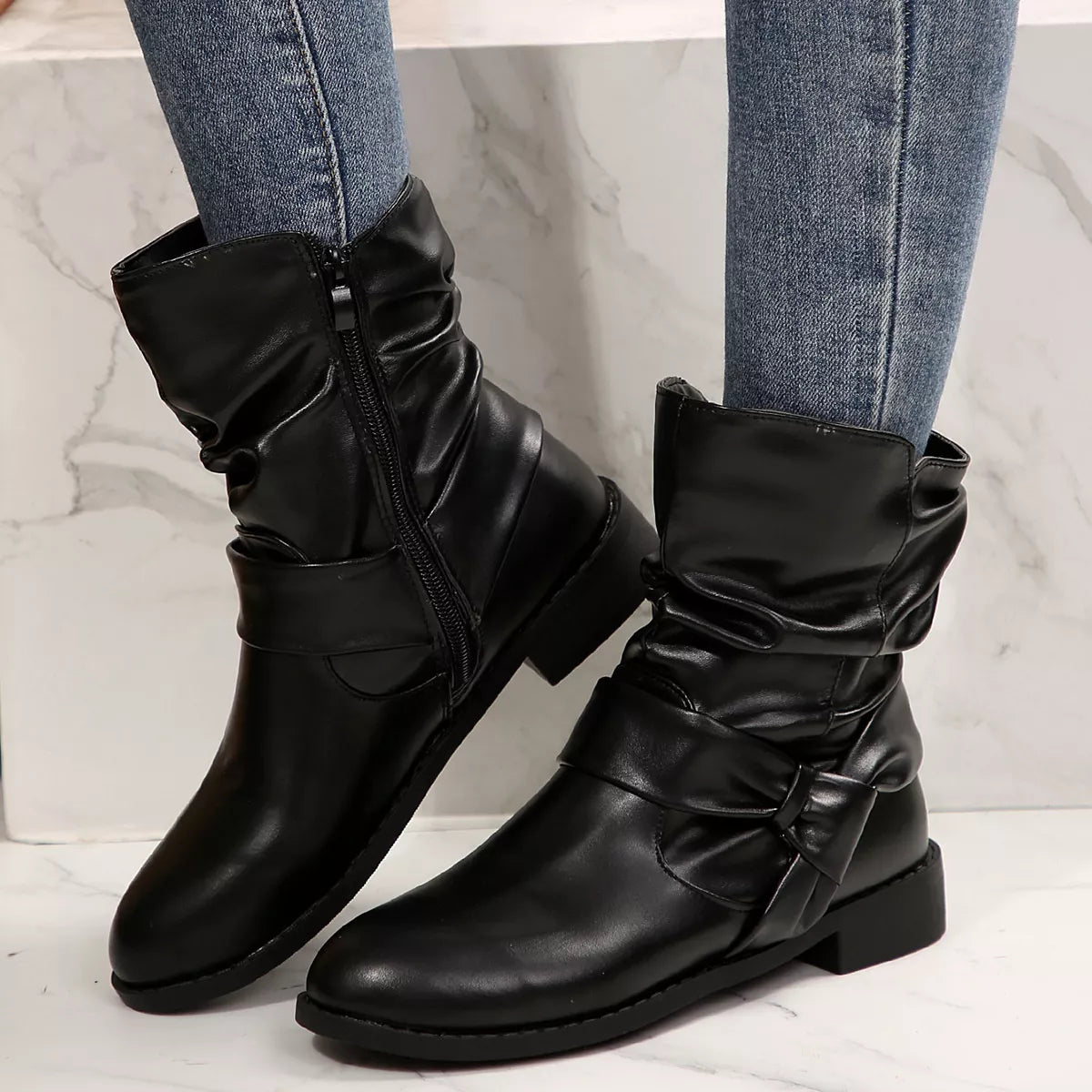 Round Toe Low Heel Boots - Black - View 5