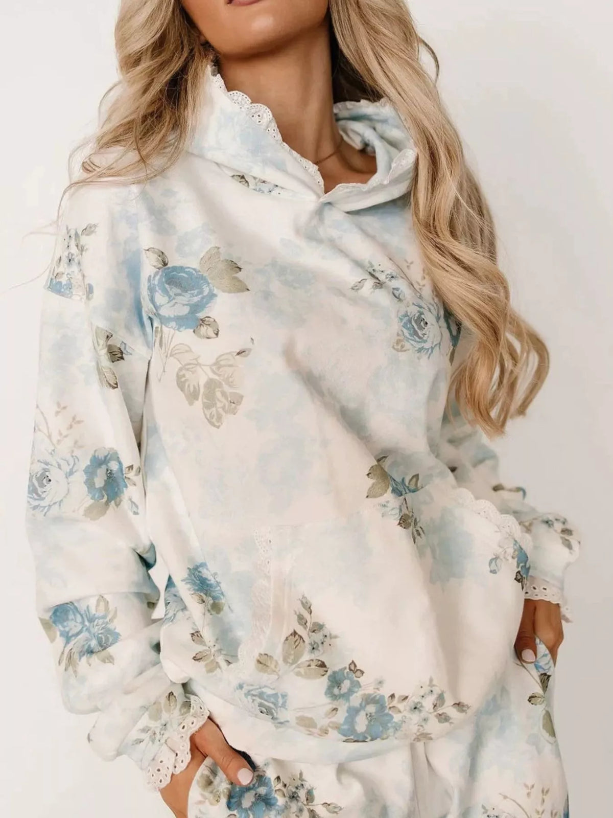 Lace Trim Kangaroo Pocket Hoodie - White - View 1