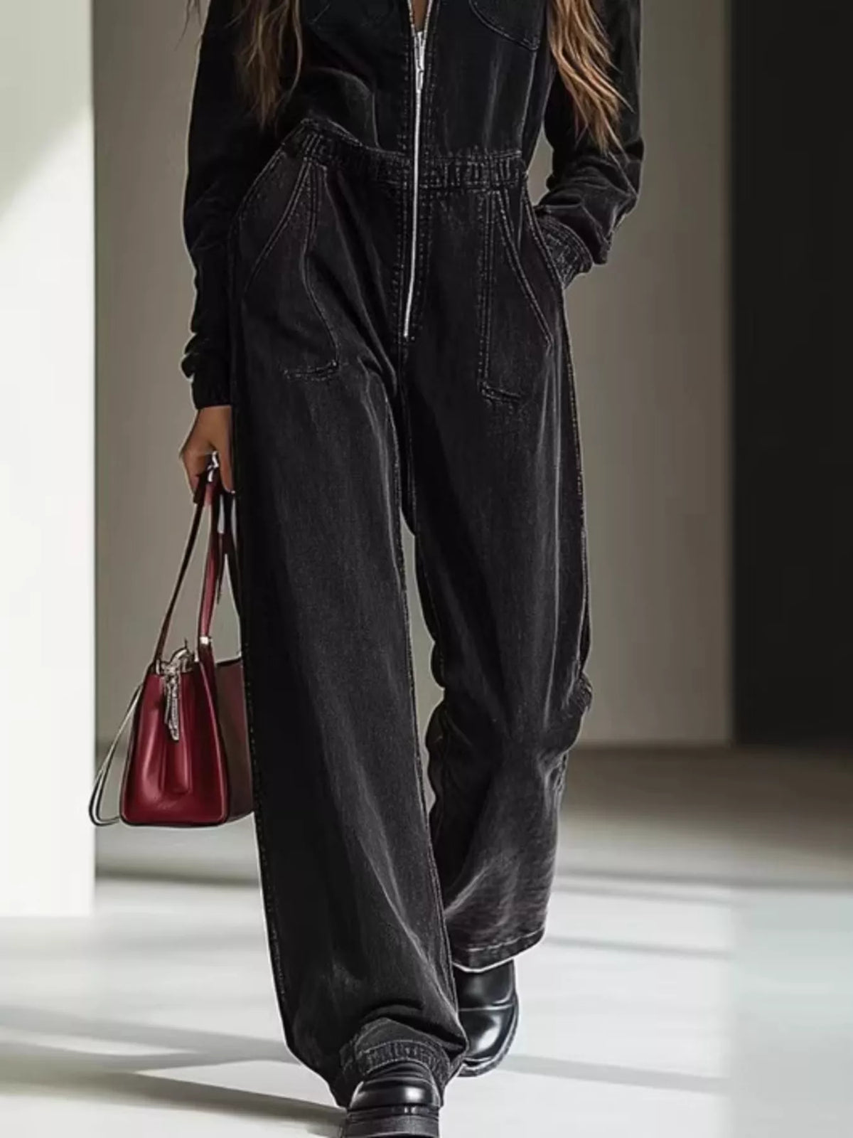 Zip Front Wide Leg Hooded Denim Jumpsuit - Black - View 1