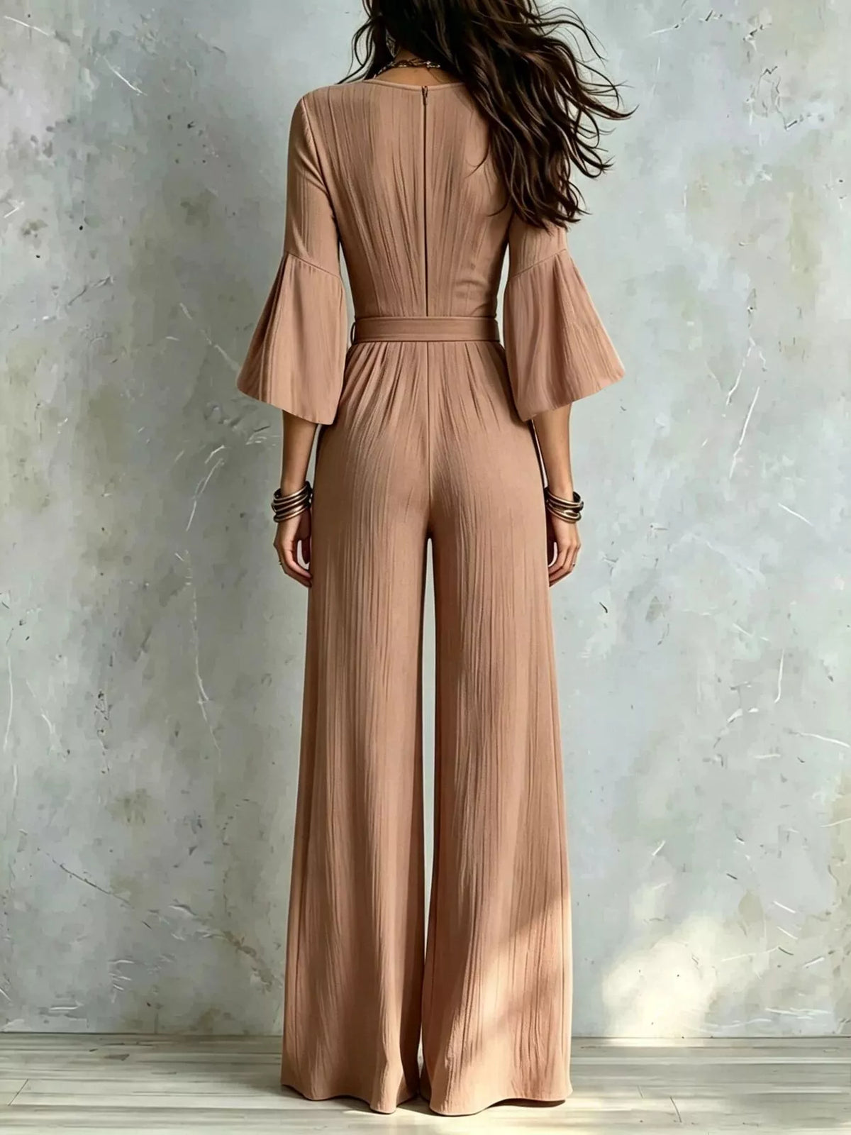 Pleated Wide-Leg Jumpsuit with Tie-Waist - Light Brown - View 4