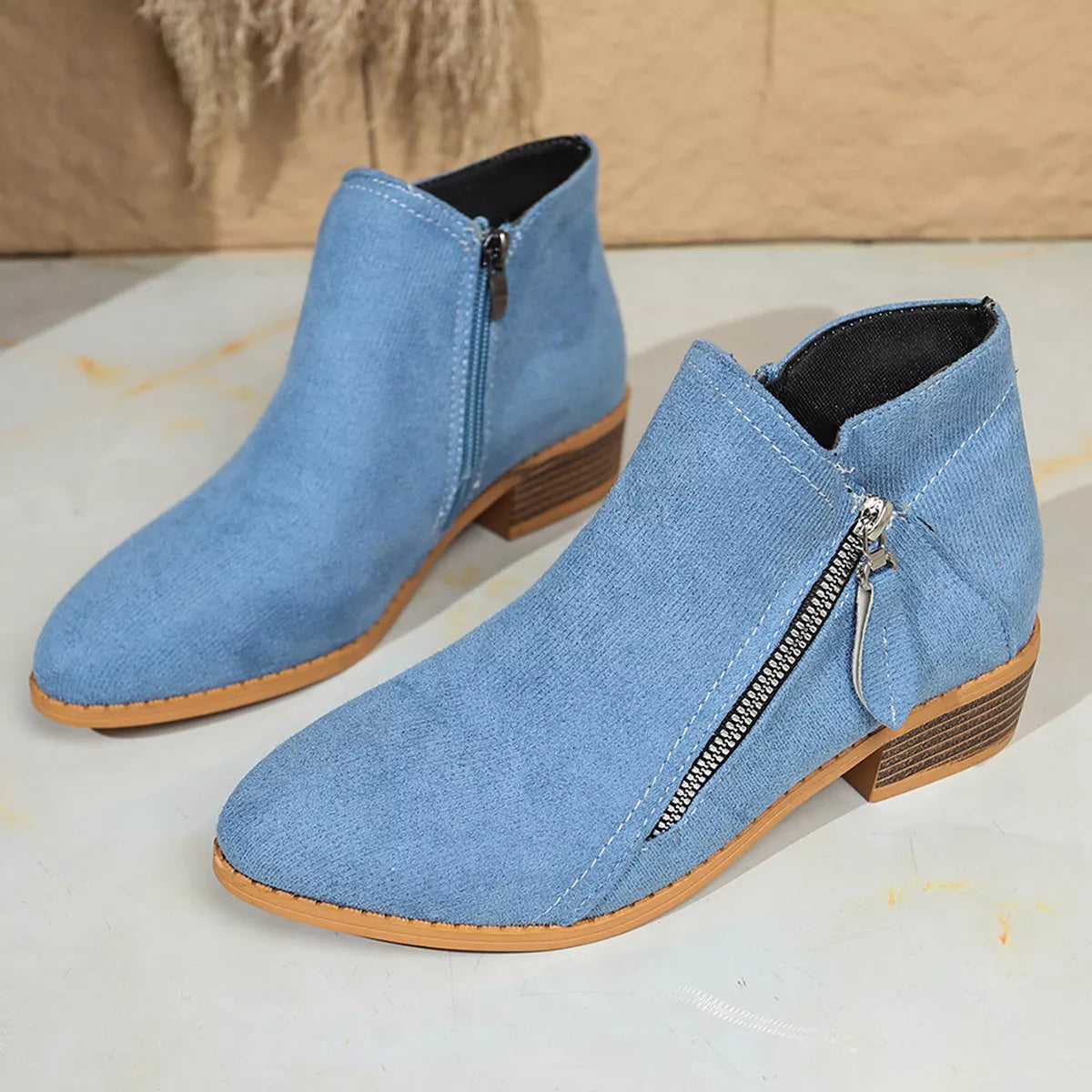 Point Toe Block Heels Boots - Sky Blue - View 19