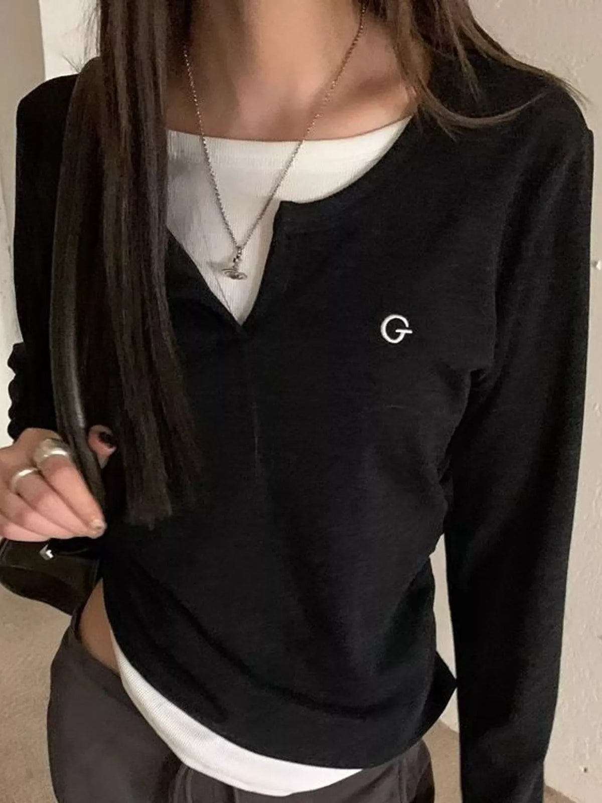 Layered Look Long Sleeve T-Shirt - Black - View 7