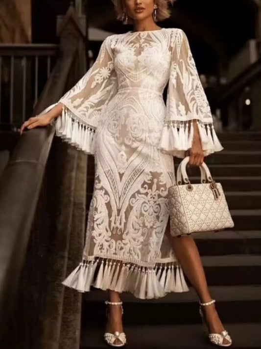 Full Size Tassel Hem Lace Flare Sleeve Dress Plus Size - product photo 1