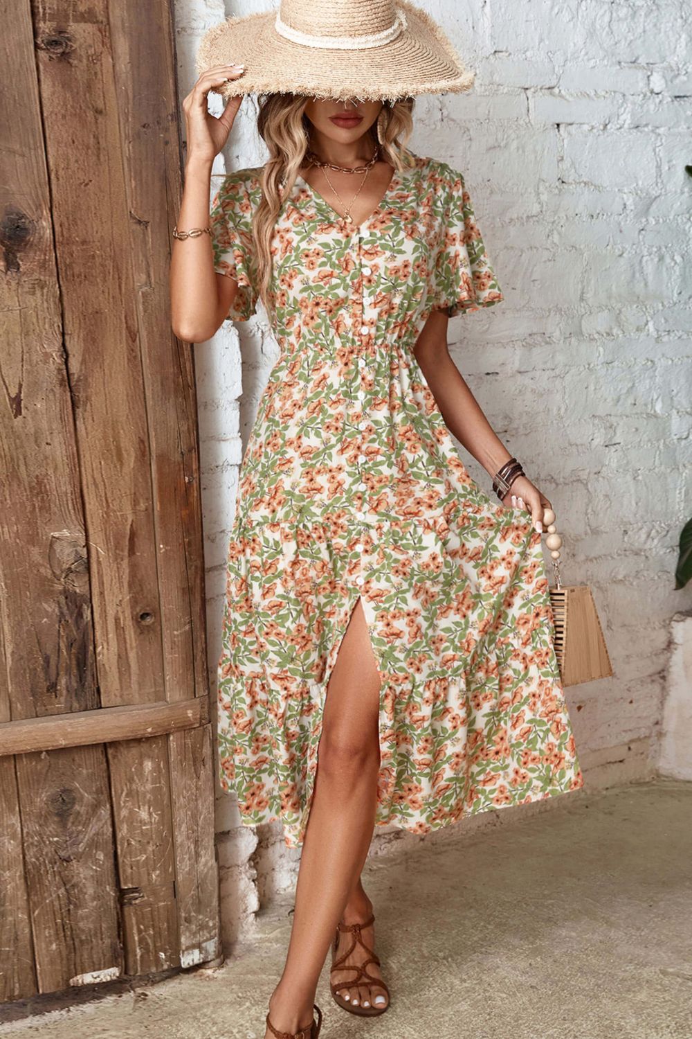 Perfee Floral V-Neck Front Slit Dress - Floral - View 6